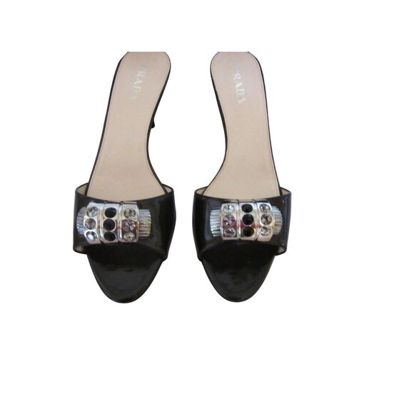 Prada Bronze Patent Calzature Donna Heels W/ Rhinestones Size 39.5 w Box Bag